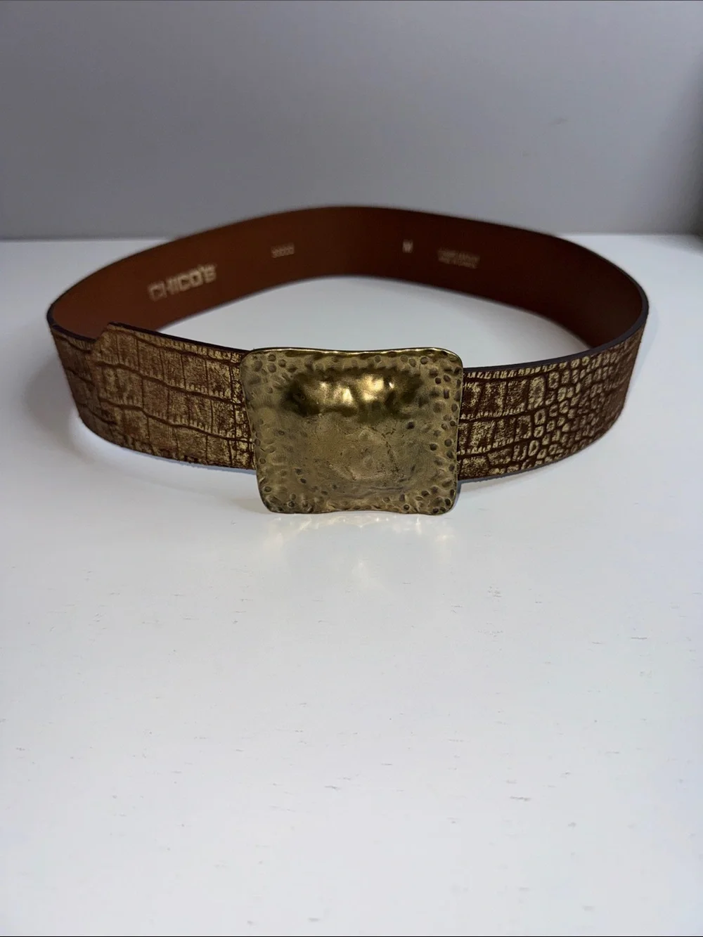Chico’s Genuine Leather Wide Croc Embossed Belt with Hammered Brass Buckle